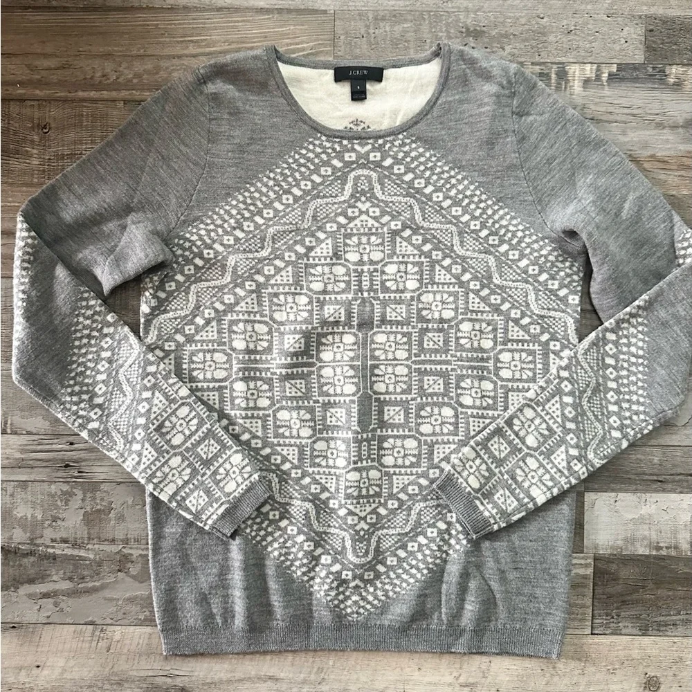 J. Crew Grey And White Patterned 100% Merino Wool Small Crewneck Sweater - Picture 2 of 7